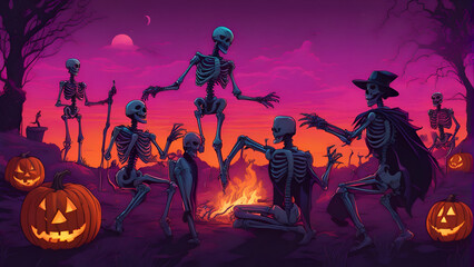 Halloween background with a group of skeletons in front of the fire