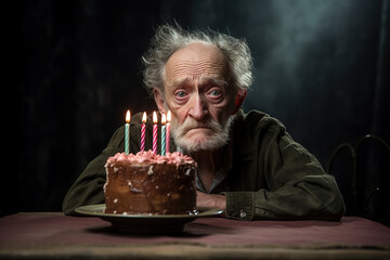 a sad or depressed or angry grandpa, old man on birthday, on a chair at a table with a birthday cake