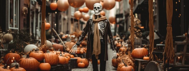 Halloween decoration, a skeleton in stylish clothes on the street celebrates the world holiday of Halloween. the day of the Dead. - obrazy, fototapety, plakaty