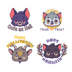 Halloween illustrations set with a bat, wolf, goat and cat