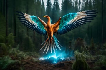 A majestic ice Phoenix with 2 wings ascends from the rubble of beautiful green forests with a big clearing - AI Generative - obrazy, fototapety, plakaty