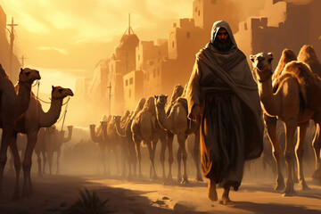 men with camels, herd of camels, fictional place, arabic - obrazy, fototapety, plakaty
