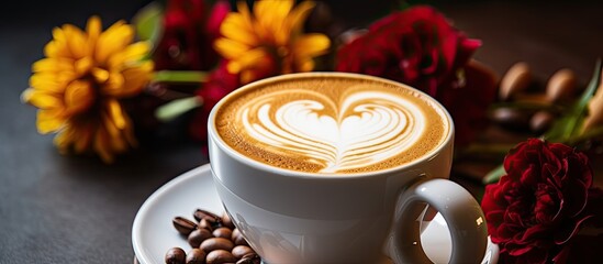 White coffee cup with heart shaped latte art flowers food and drink concept