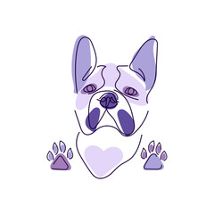 Portrait of multicolored funny french bulldog with paws. Line art style. Cute colorful vector illustration