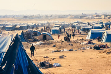 Refugee crisis concept: Vast refugee camp in desert with makeshift tents, a barren desert landscape, feeling of desperation and displacement