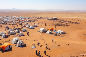 Refugee crisis concept: Vast refugee camp in desert with makeshift tents, a barren desert landscape, feeling of desperation and displacement - obrazy, fototapety, plakaty