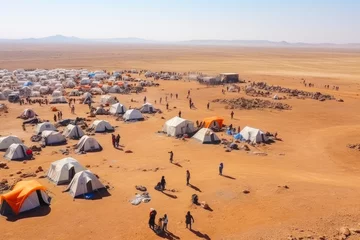 Fotobehang Refugee crisis concept: Vast refugee camp in desert with makeshift tents, a barren desert landscape, feeling of desperation and displacement © MVProductions