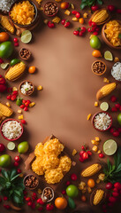Fototapeta na wymiar Mexican food ingredients on brown background. Top view. copy space