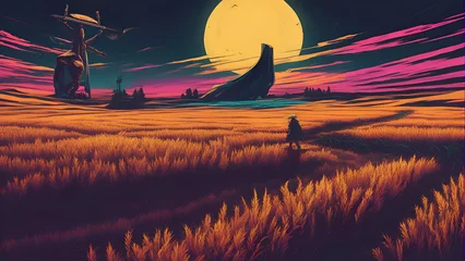 Foto op Plexiglas Schip Fantasy landscape with old ship at sunset. 3D illustration.