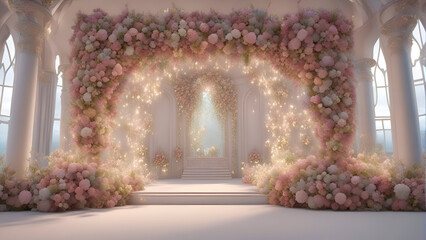 3d render of wedding arch decorated with pink and white flowers.