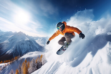 young adult man snowboarding in winter, winter sport in mountains