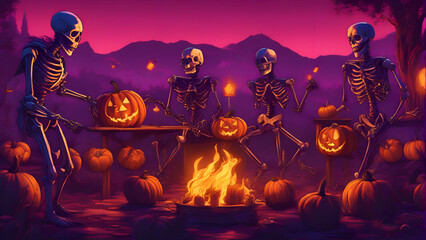 Halloween background with skeleton and pumpkins. 3d rendering.