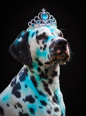 Adorable dalmatian dog painted by colourful Holi powder wearing crown