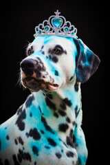 Adorable dalmatian dog painted by colourful Holi powder wearing crown