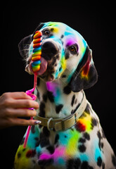 Dalmatiam dog portrait, Holi powder, lollipop, colourful painted pup