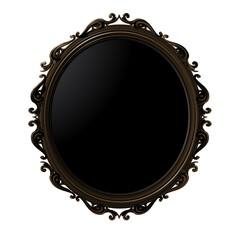 Black mirror. Dark mirror. Illustration of an oval gold frame on a black background with copy space