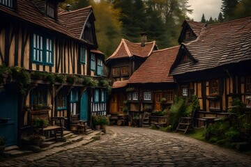 Obraz premium A village, where charming wooden cottages with intricately carved details line cobblestone streets - AI Generative