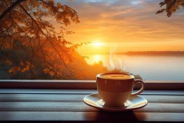 cup of coffee on the window with a view of the sunrise