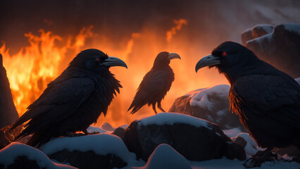 Angry ravens of the black tomb, fire, ice, snow, rain, sunset - AI Generative