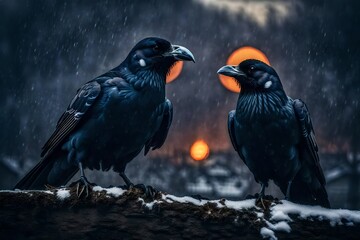 Angry ravens of the black tomb, fire, ice, snow, rain, sunset - AI Generative