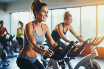 Woman on stationary exercise bike at gym, maintaining a healthy lifestyle, focused on exercises