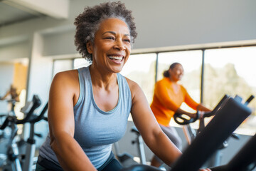 Middle aged African American woman on stationary exercise bike at gym, maintaining a healthy lifestyle, focused on exercises - obrazy, fototapety, plakaty