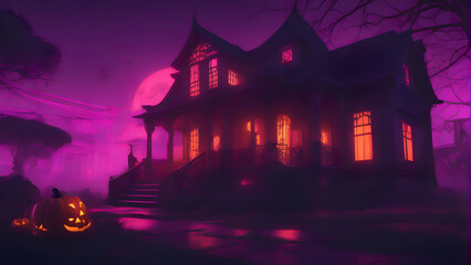 Halloween background with haunted house. pumpkins and foggy moon