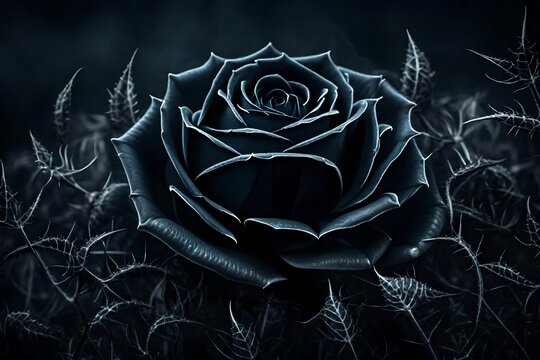 Craft an image of a black rose, surrounded by thorns and a misty aura, evoking a haunted and mysterious feel - AI Generative