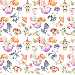 Woodland Watercolor seamless pattern, Woodland Nursery Decor, Cute Woodland Animals illustration, Watercolor illustration, Clipart For Kids.	