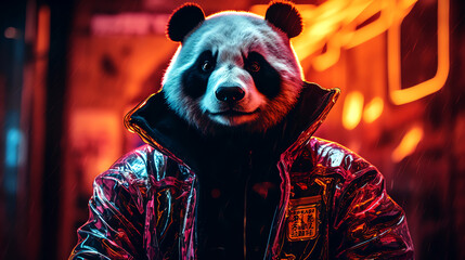 Panda in cyberpunk night city