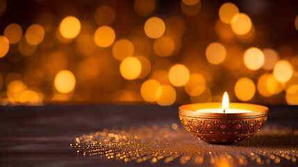A Lighted Diwali Lamp Diya Against a Festive Bokeh Gold Background with Copy Space | Indian Festival of Lights