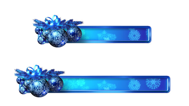 Christmas banners or lower-thirds, transparent PNG design elements. 3D illustration. Two sizes. Blue and silver baubles.