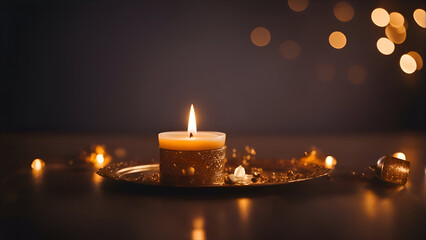 Burning candle on a dark background with bokeh lights.