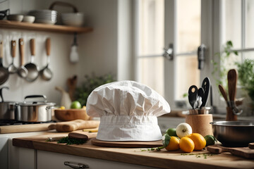 White cook hat with kitchen tools on kitchen interior. 