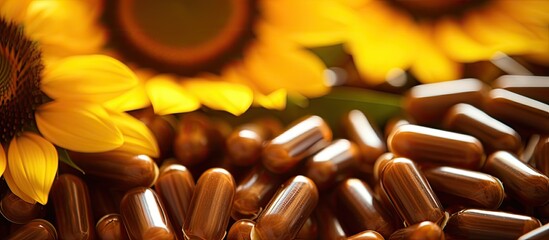 Close up of brown capsules containing sunflower lecithin a natural alternative medicine