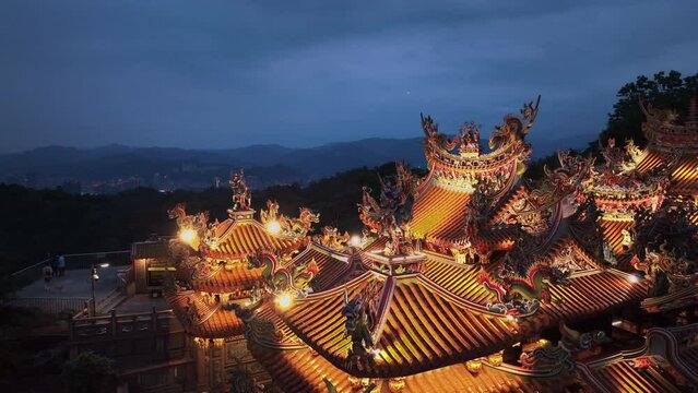 Illuminated Temple At Night In Taipei Mountains, Aerial View, Taiwan
