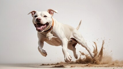 dog running on white background, happy pitbull dog jumping without background generated by AI