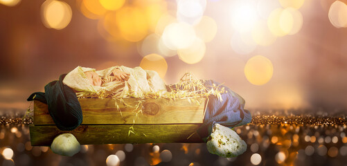 baby Jesus Christ in a manger christmas story - obrazy, fototapety, plakaty