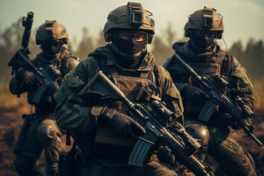  squad of soldiers in uniform with helmets and machine guns