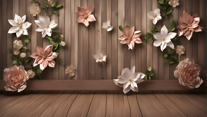 Fototapeta na wymiar Wooden wall and flowers. 3d rendering. 3d illustration.