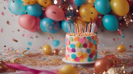Birthday cake with candles. confetti and balloons on white background