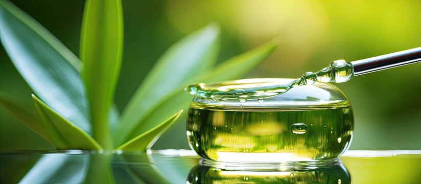 Using a pipette to transfer clear cosmetic liquid onto a glass petri dish against a green background Texture resembles face serum or cosmetic oil with aloe vera essence Focused display