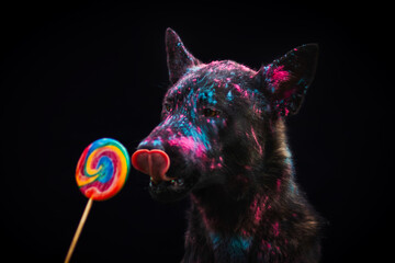 Dutch shepherd dog portrait, holi powder, colourful lollipop