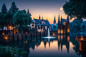 Medieval town amidst a lake with a fountain of a goddess illuminated by moonlight - AI Generative - obrazy, fototapety, plakaty