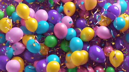 3d render of colorful balloons with confetti and ribbons.