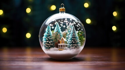 Fototapeta na wymiar Winter wonderland in a snow globe with a beautifully decorated Christmas tree. Merry and festive atmosphere with small handmade ornaments and sparkling snowflakes.