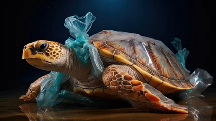 Fotobehang Sea turtle entangled in plastic waste, a poignant reminder of the environmental challenges posed by non-biodegradable trash in our oceans. © Liana