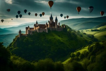The artwork showcases a captivating medieval castle towering over green hills - AI Generative - obrazy, fototapety, plakaty