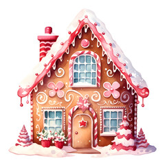 Watercolor Christmas festive gingerbread cute house with pink and white icing, decorations, candies, trees in snow scene, isolated on white background, winter season, holiday