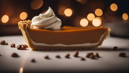 Piece of pumpkin pie with whipped cream and coffee beans on the table.